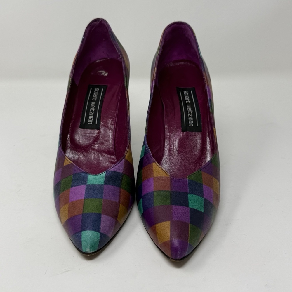 Vintage Stuart Weitzman 80s Bright Multicolor Heels Leather Sz Womens 9 Colorful - Picture 4 of 16